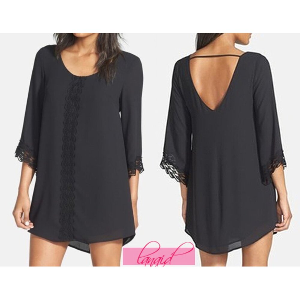 ASTR Lace Trim Shift Dress Black Open Back Cut-Out Chiffon Scoop Neck 3/4 Sleeve